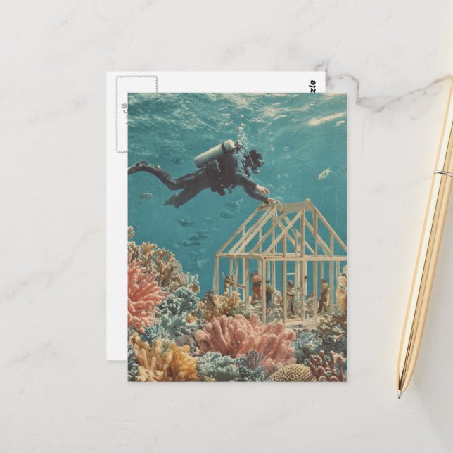 Surreal House Builders in the Ocean Postcard (Front/Back In Situ)