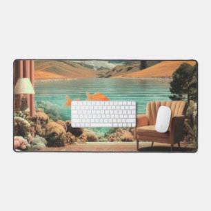 Surreal Interior with Fish and Moonlit Landscape Desk Mat