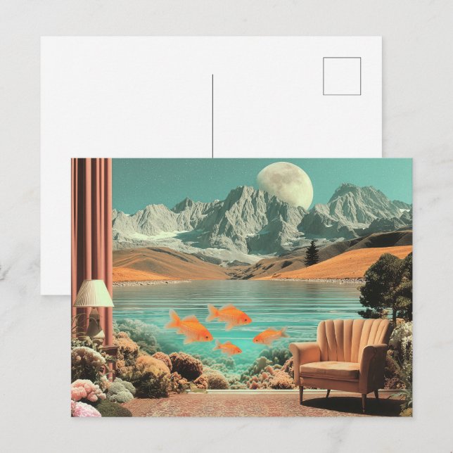 Surreal Interior with Fish and Moonlit Landscape Postcard (Front/Back)