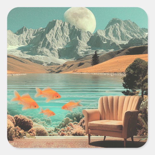 Surreal Interior with Fish and Moonlit Landscape Square Sticker (Front)