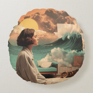 Surreal Interior With Woman and Cat Round Cushion