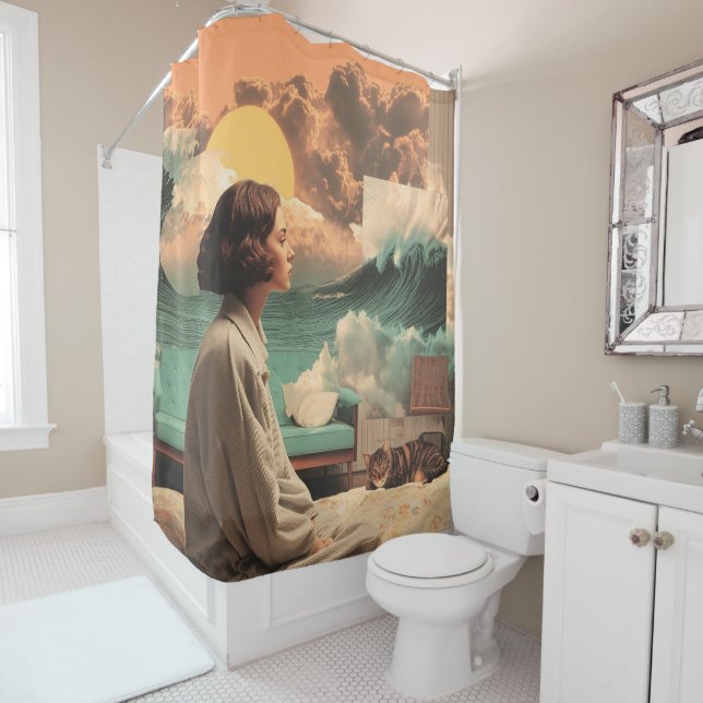 Surreal Interior With Woman and Cat Shower Curtain (In Situ)