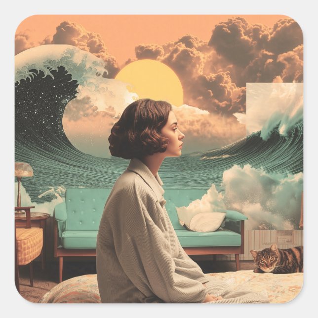 Surreal Interior With Woman and Cat Square Sticker (Front)