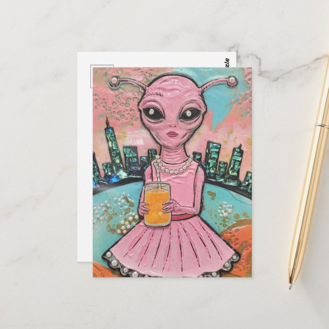 Surreal Lady Alien in Pink With Orange Juice Postcard (Front/Back In Situ)