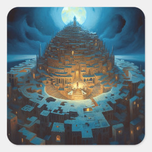 Surreal Landscape City Maze Fantasy Art Square Sticker