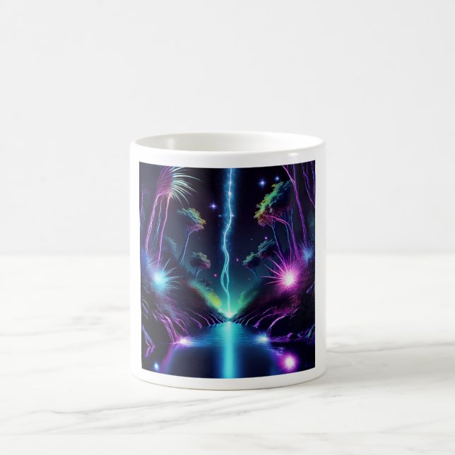 Surreal Landscape Lightning Strikes Neon Stream  Coffee Mug (Center)