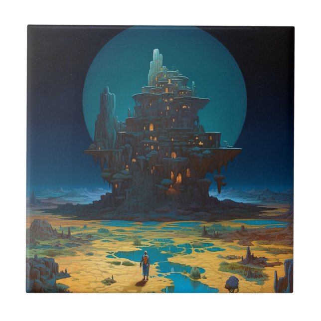 Surreal Landscape Towering City Fantasy Art Ceramic Tile (Front)