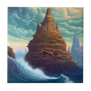 Surreal Landscape Towering City Fantasy Art Ceramic Tile