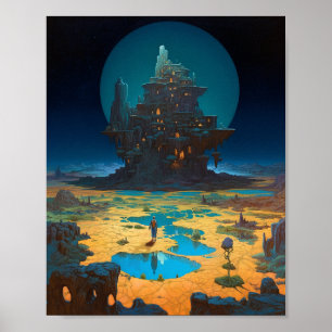 Surreal Landscape Towering City Fantasy Art Poster