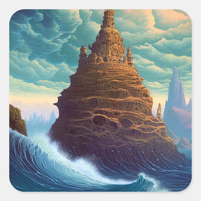 Surreal Landscape Towering City Fantasy Art Square Sticker (Front)