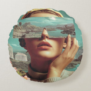 Surreal Landscape Vision, Surreal female portrait  Round Cushion