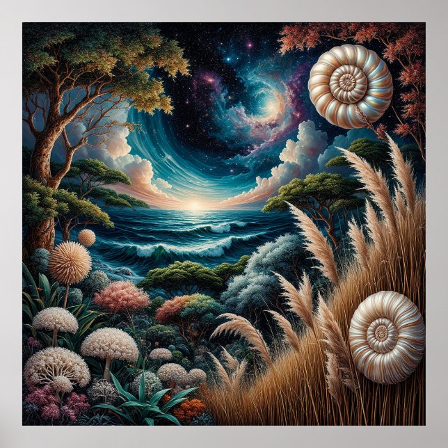 Surreal Landscape with Ocean, Galaxy Poster (Front)