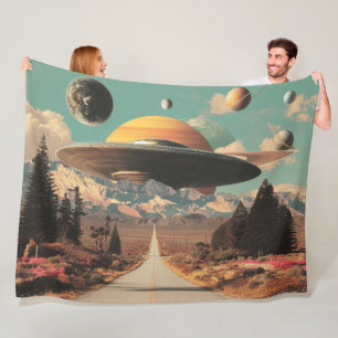 Surreal Landscape with Road, UFO and Saturn  Fleece Blanket