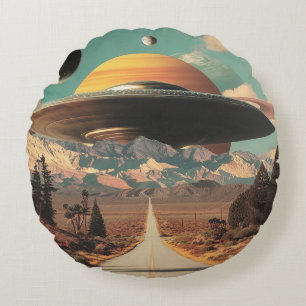 Surreal Landscape with Road, UFO and Saturn Round Cushion