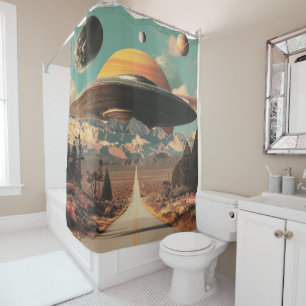Surreal Landscape with Road, UFO and Saturn Shower Curtain