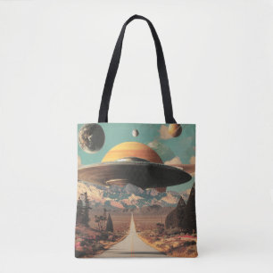 Surreal Landscape with Road, UFO and Saturn Tote Bag