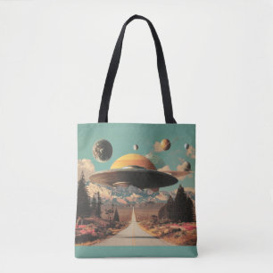 Surreal Landscape with Road, UFO and Saturn Tote Bag