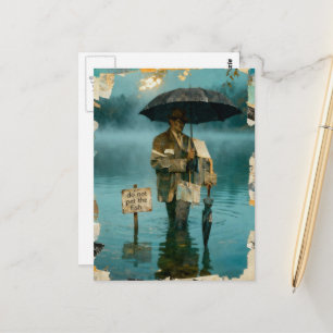 Surreal Man With Umbrellas Do Not Pet the Fish Postcard