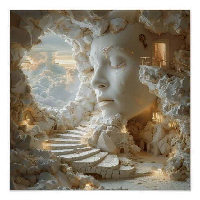 Surreal Marble Head Interior Dreamscape Stairway Poster (Front)