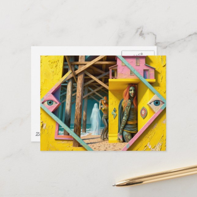 Surreal Mermaids Come To the Pier Once a Year Postcard (Front/Back In Situ)