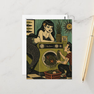 Surreal Mid Century Sea Siren Laundry Day Postcard
