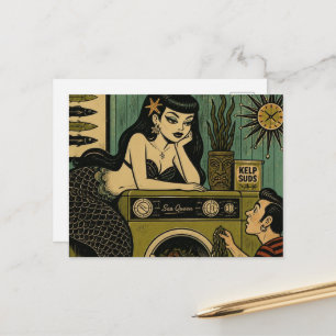 Surreal Mid Century Sea Siren Laundry Day Postcard