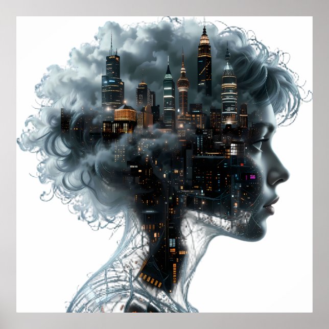 Surreal Mindscape: City within a Woman's Head Poster (Front)