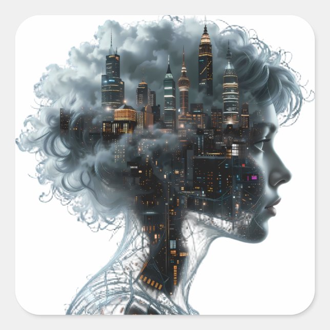 Surreal Mindscape: City within a Woman's Head Square Sticker (Front)