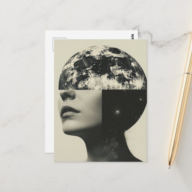 Surreal Moon Person Abstract Collage Postcard (Front/Back In Situ)