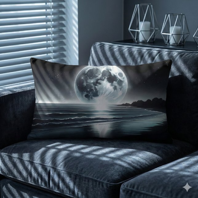 Surreal Moonrise Over Tranquil Ocean Shore Lumbar Cushion (Surreal Moonrise Over Tranquil Ocean Shore Lumbar Pillow Mockup B)