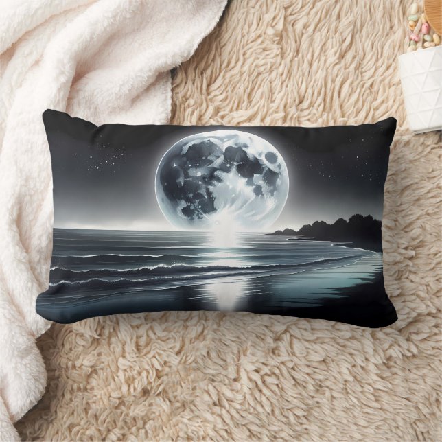 Surreal Moonrise Over Tranquil Ocean Shore Lumbar Cushion (Blanket)