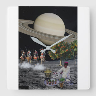 Surreal Moroccan Fantasia Saturn Space Collage Square Wall Clock