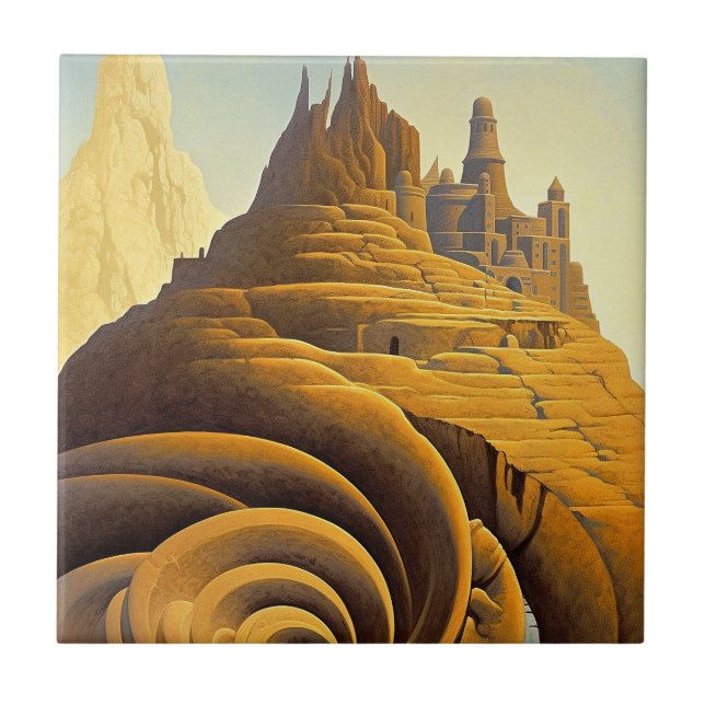 Surreal Mountain City Fantasy Art Ceramic Tile (Front)