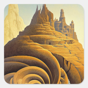 Surreal Mountain City Fantasy Art Square Sticker