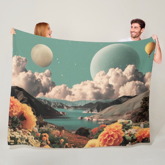 Surreal Mountain Landscape with Planets and Clouds Fleece Blanket (In Situ)