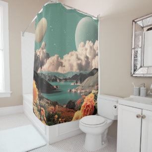 Surreal Mountain Landscape with Planets and Clouds Shower Curtain