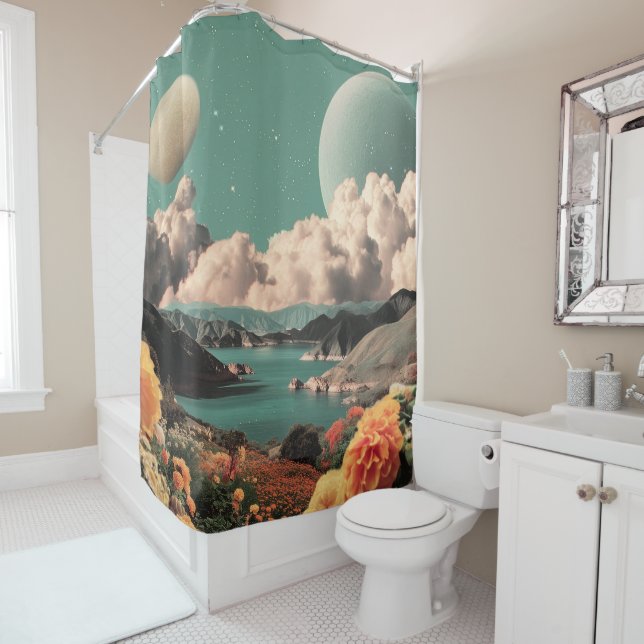 Surreal Mountain Landscape with Planets and Clouds Shower Curtain (In Situ)