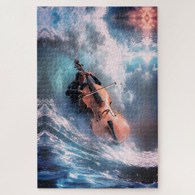 Surreal Music Man Playing Cello in Ocean Waves Jigsaw Puzzle (Vertical)