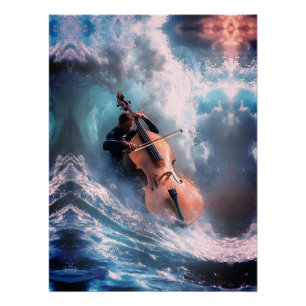 Surreal Music Man Playing Cello in Ocean Waves Poster