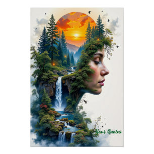 Surreal Nature Portrait Woman Sunset Waterfall Poster
