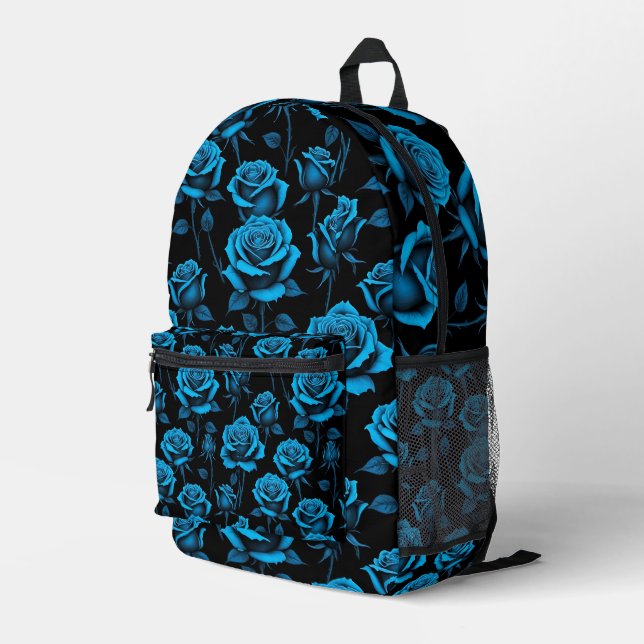 Surreal Neon Blue Roses Printed Backpack (Back Corner Right)
