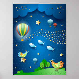 Surreal night with balloons and wave of stars poster