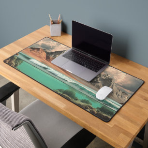 Surreal Ocean and Mountain Landscape with Waves Desk Mat