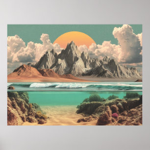 Surreal Ocean and Mountain Landscape with Waves Poster