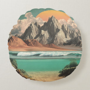 Surreal Ocean and Mountain Landscape with Waves Round Cushion