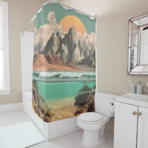 Surreal Ocean and Mountain Landscape with Waves Shower Curtain
