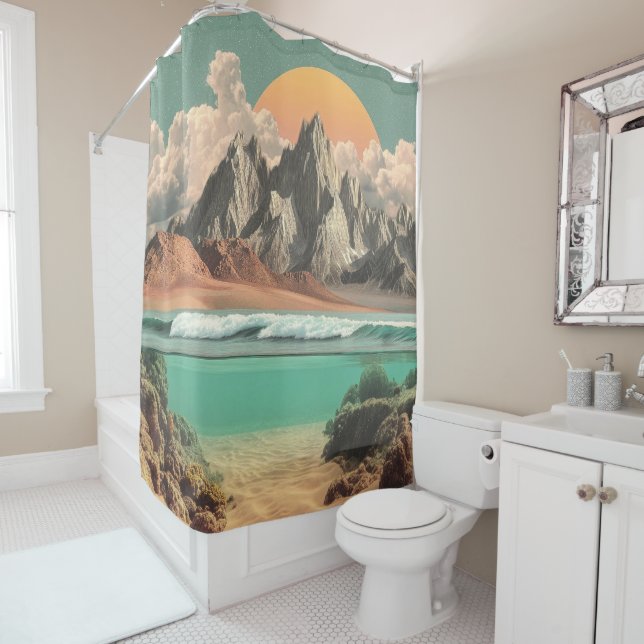 Surreal Ocean and Mountain Landscape with Waves Shower Curtain (In Situ)