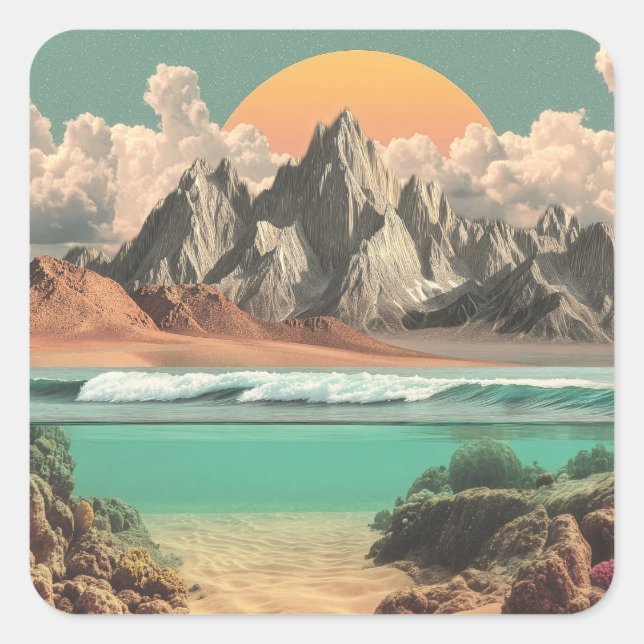 Surreal Ocean and Mountain Landscape with Waves Square Sticker (Front)