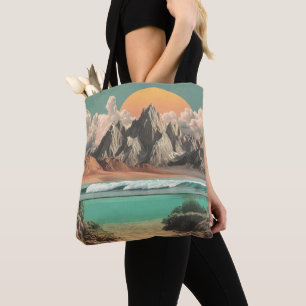 Surreal Ocean and Mountain Landscape with Waves Tote Bag