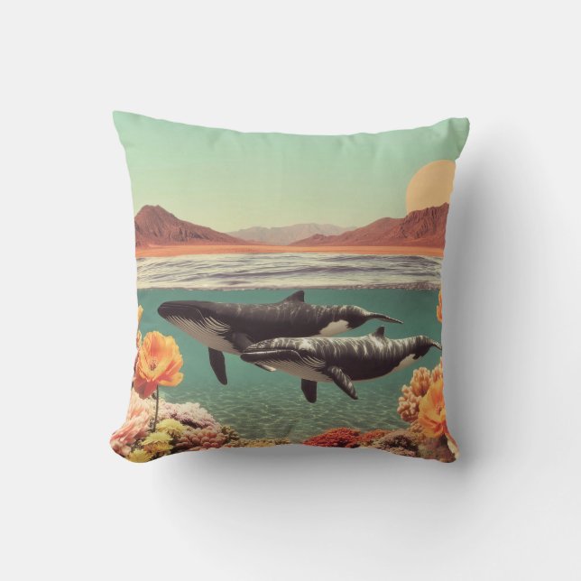 Surreal Ocean Scene With Whales And Coral Cushion (Front)